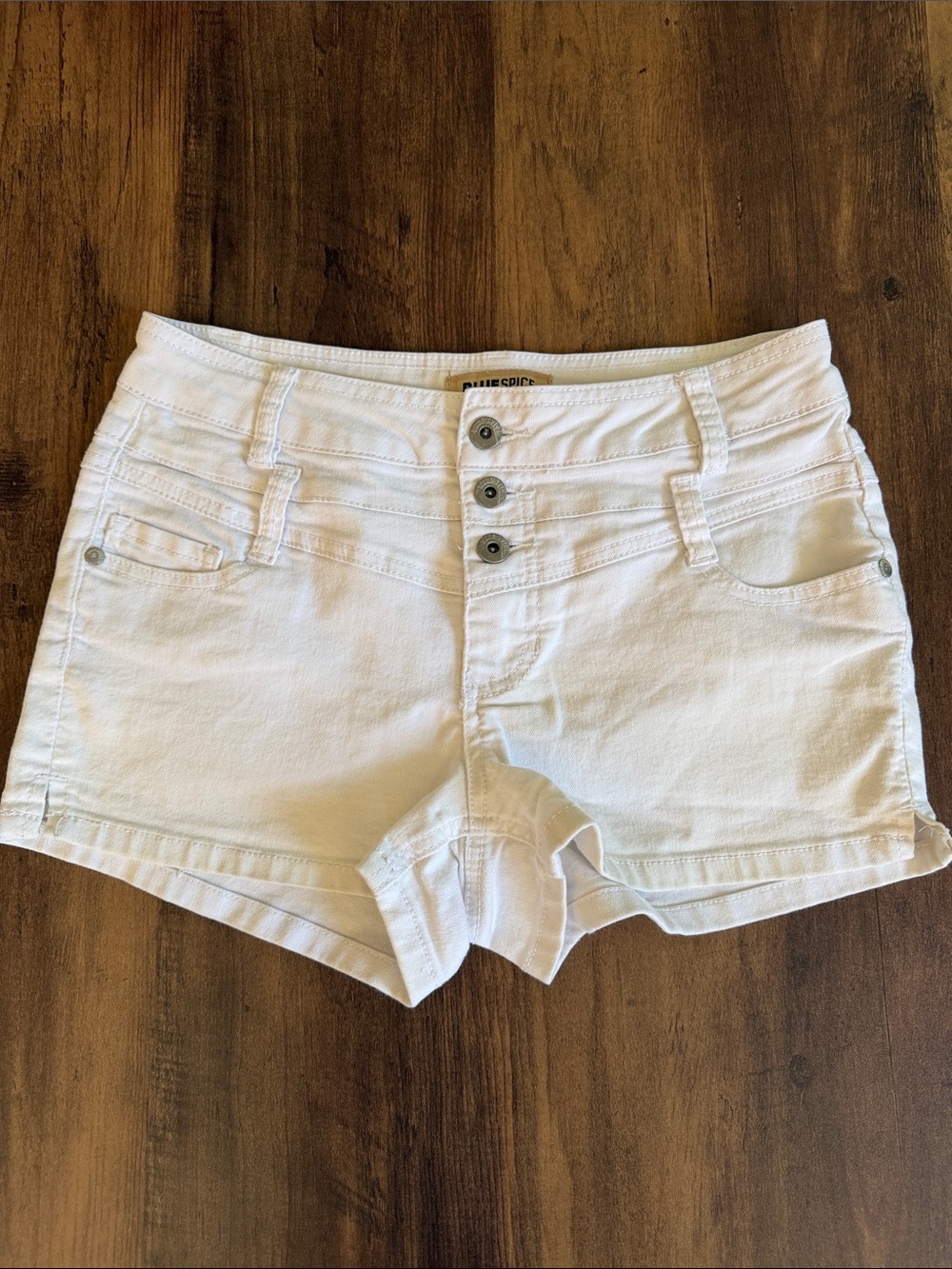 Blue Spice White High-Rise Button-Fly Denim Shorts